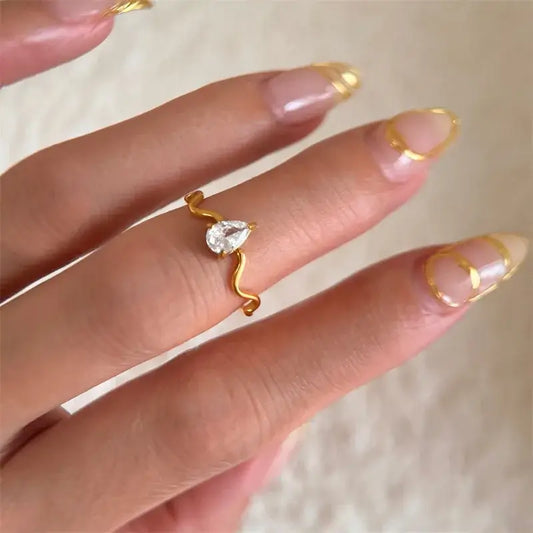316L Stainless Steel Teardrop Zirconia Ring for Women with 18K Rose Gold Plating 3891