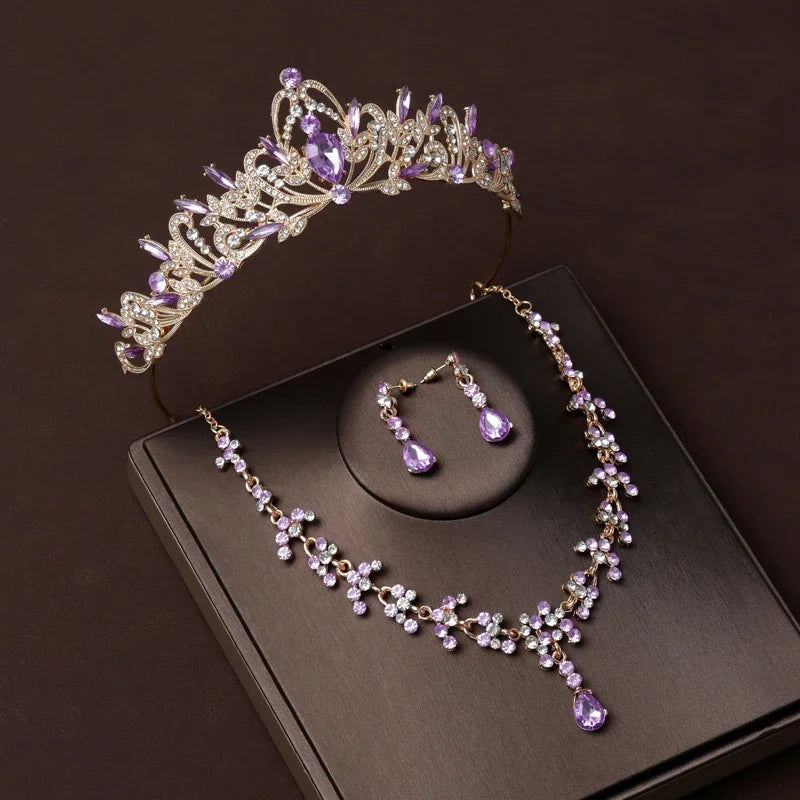 Elegant Purple Bridal Tiara Necklace Earrings Set for Mystical Wedding Glamour