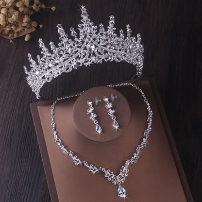 Bridal Elegance: Luxury Silver Crystal Water Drop Tiara & Jewelry Set - 4 Pcs Black