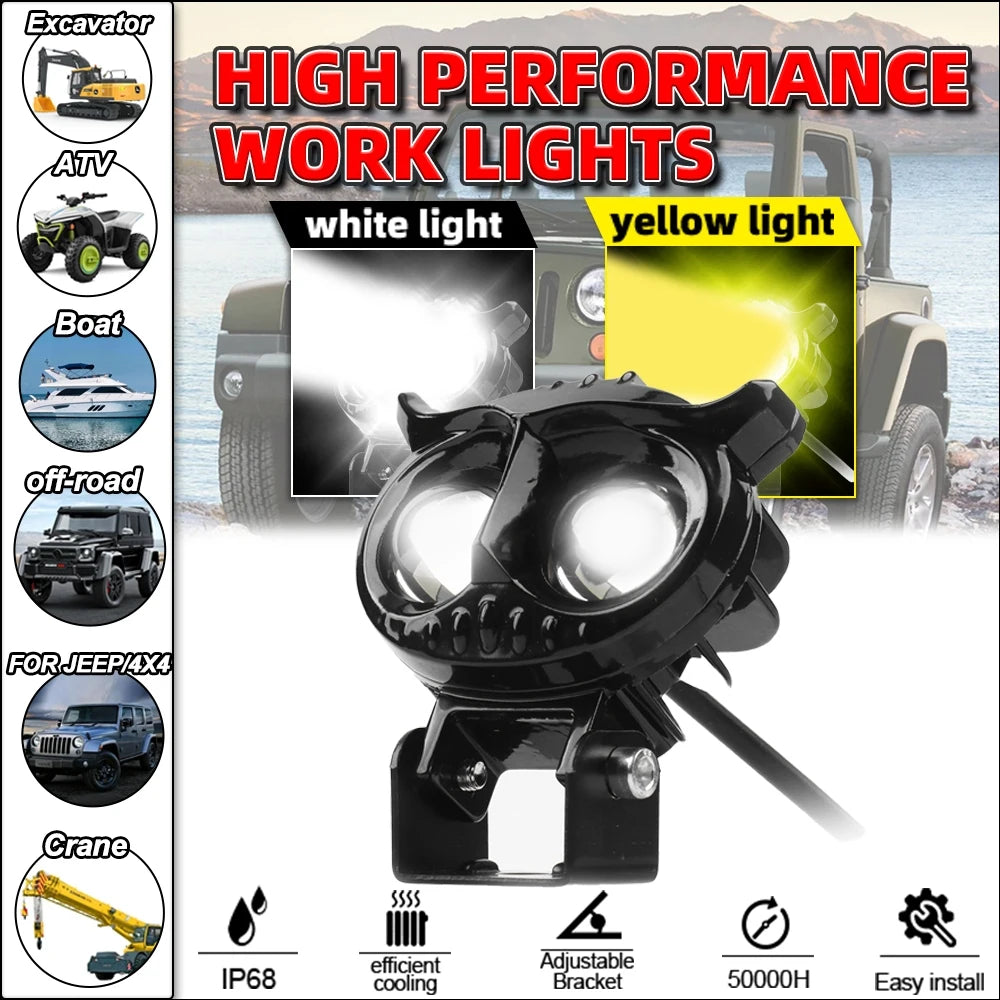 Owl LED Motorcycle Headlight 30W 3000K 6000K Adjustable Fog Lamp for Scooters ATVs Cars and Trucks