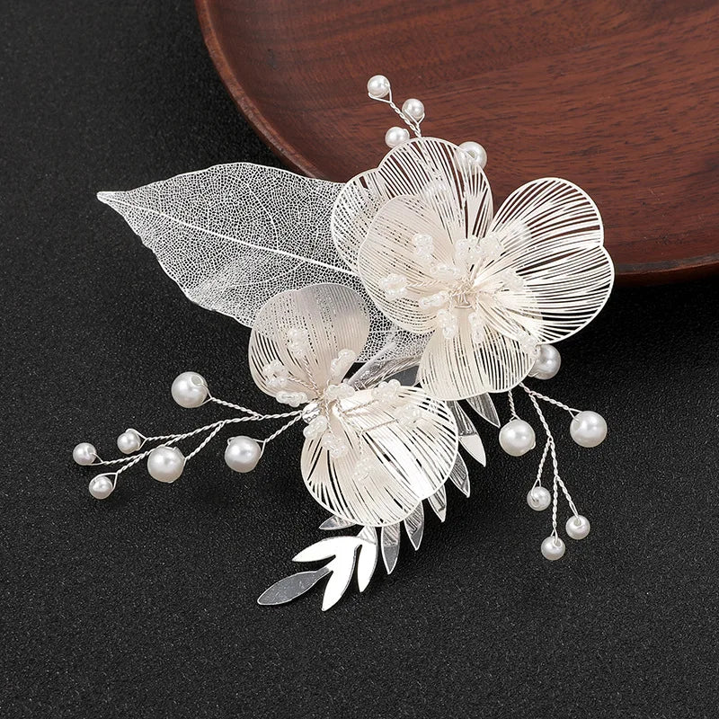 Elegant Bridal Pearl Hairpins Gold Metal Flower Hair Accessories for Women and Girls