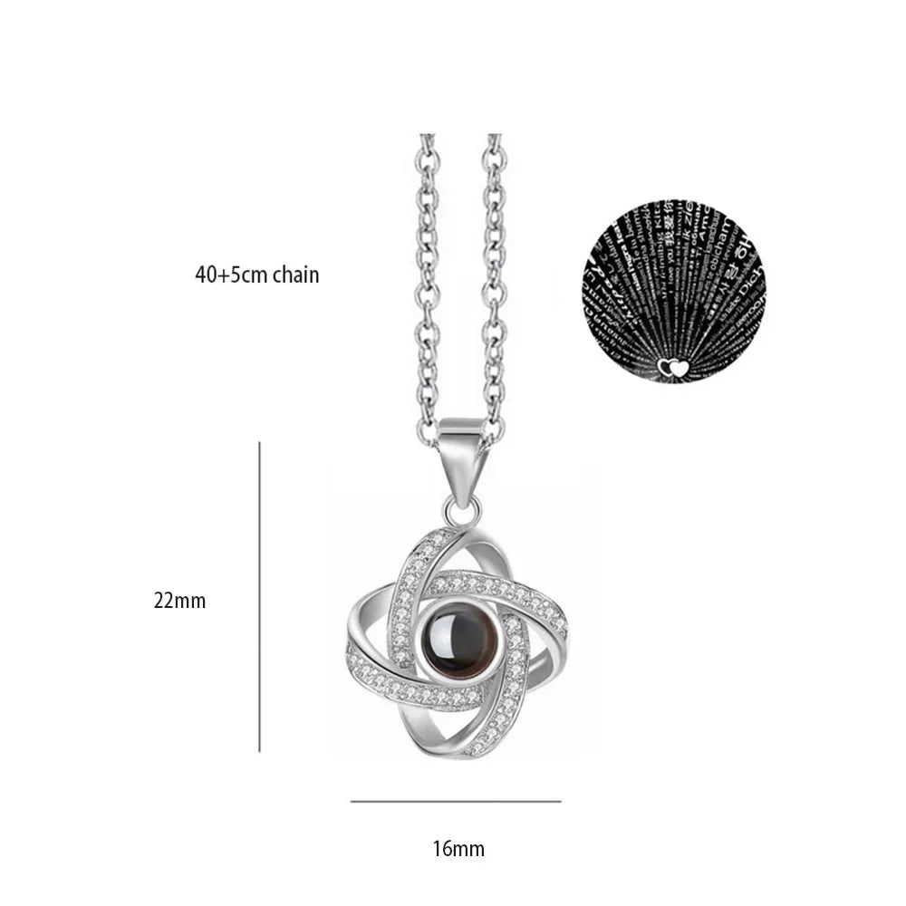 100 Languages I Love You Heart Pendant Necklace Romantic Projection Jewelry Gift for Women Windmills Cross 40cm plus 5cm