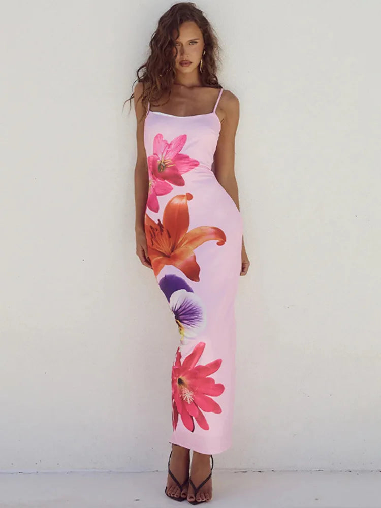 Mozision Floreal Print Long Dress For Women Gown Elegant Pink