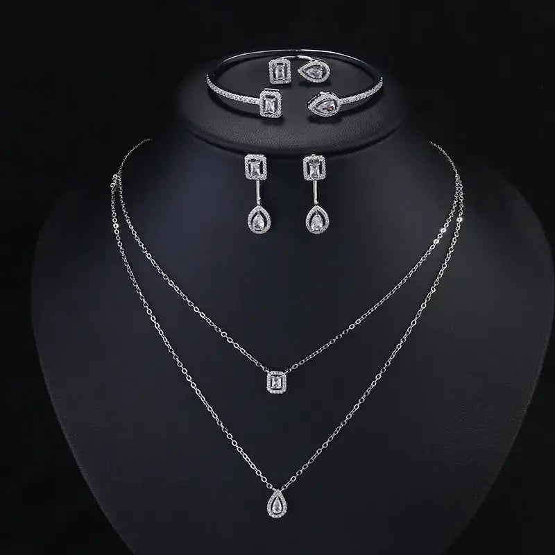Rakol Women Double Layer Necklace Zircon Jewelry Set