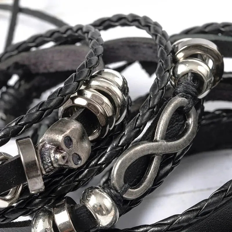 Punk Style Braided Bracelet Set of 5 with PU Leather and Beads