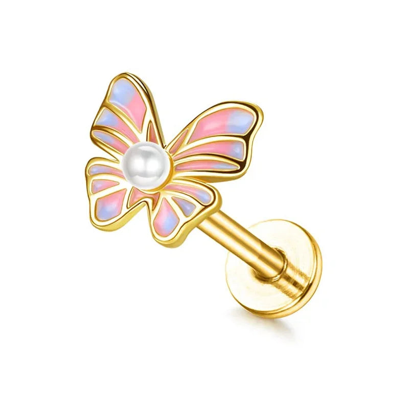 Drperfect 16G Gold Stainless Steel Cartilage Earrings for Women with Flat Back Butterfly Moon Flower Design