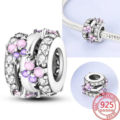 925 Sterling Silver Colorful Butterfly And Cherry Blossom Beads Clip Charm For DIY Bracelets Fine Zircon Jewelry
