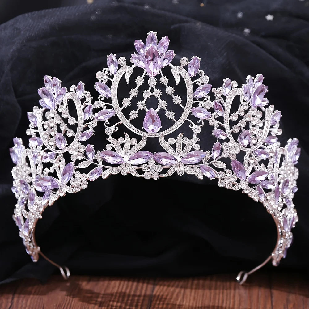 Baroque Crystal Rhinestone Tiara - Vintage Bridal Crown for Weddings & Prom Silver Purple
