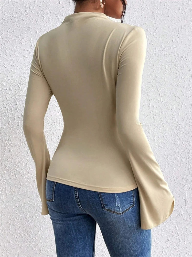 Flare Sleeve Stand Collar Slim Fit Knit Tee Autumn Style