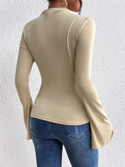 Flare Sleeve Stand Collar Slim Fit Knit Tee Autumn Style