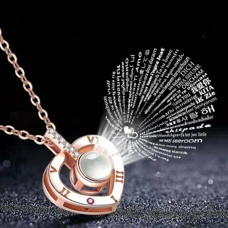 Silver Heart Pendant Necklace with 100 Languages I Love You Engraving for Women Anniversary Gift