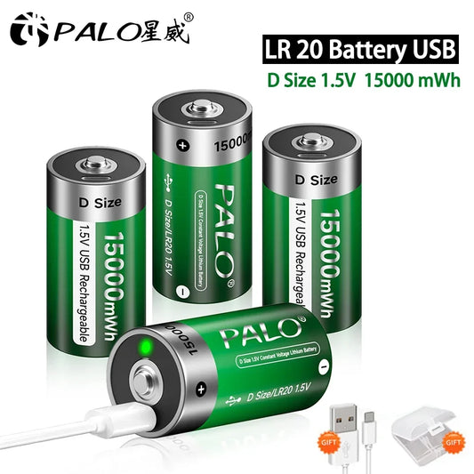 1.5V USB LR20 Battery Rechargeable R20 15000mWh D Size Type Batteries with Type-C Cable