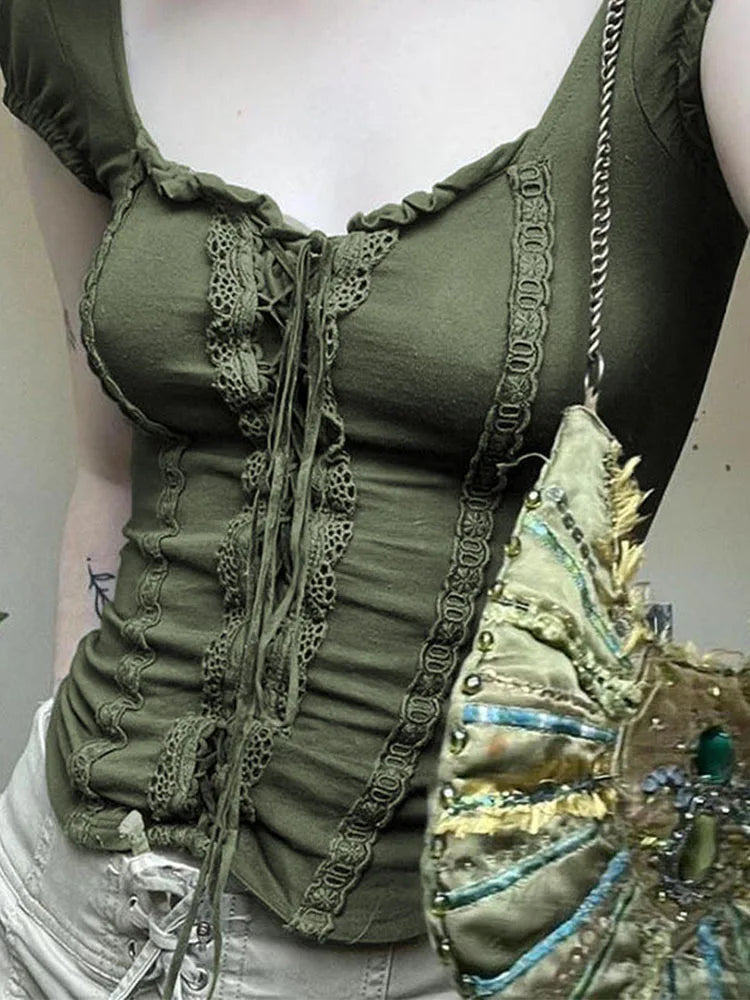 Dozw Green Lace Crop Top Square Collar Women Y2K Chic