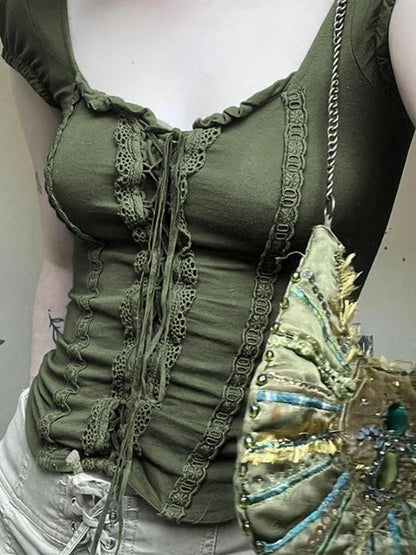 Dozw Green Lace Crop Top Square Collar Women Y2K Chic