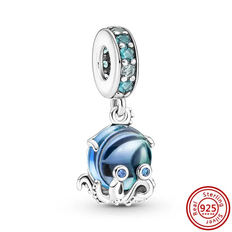 Sterling Silver Blue Zircon Feather Crown Moon Pendant Charm Bracelet Beads N614 3mm-4mm