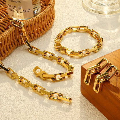 Enfashion Women's 18K Gold Plated Square Chunky Chain Necklace and Bracelet Set