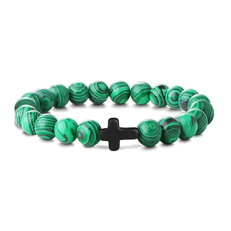 Men's Hematite Cross Bracelet with Natural Stone and Wood Beads for Meditation and Yoga Green