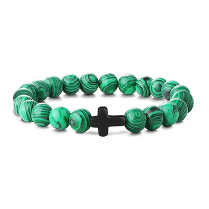 Men's Hematite Cross Bracelet with Natural Stone and Wood Beads for Meditation and Yoga Green