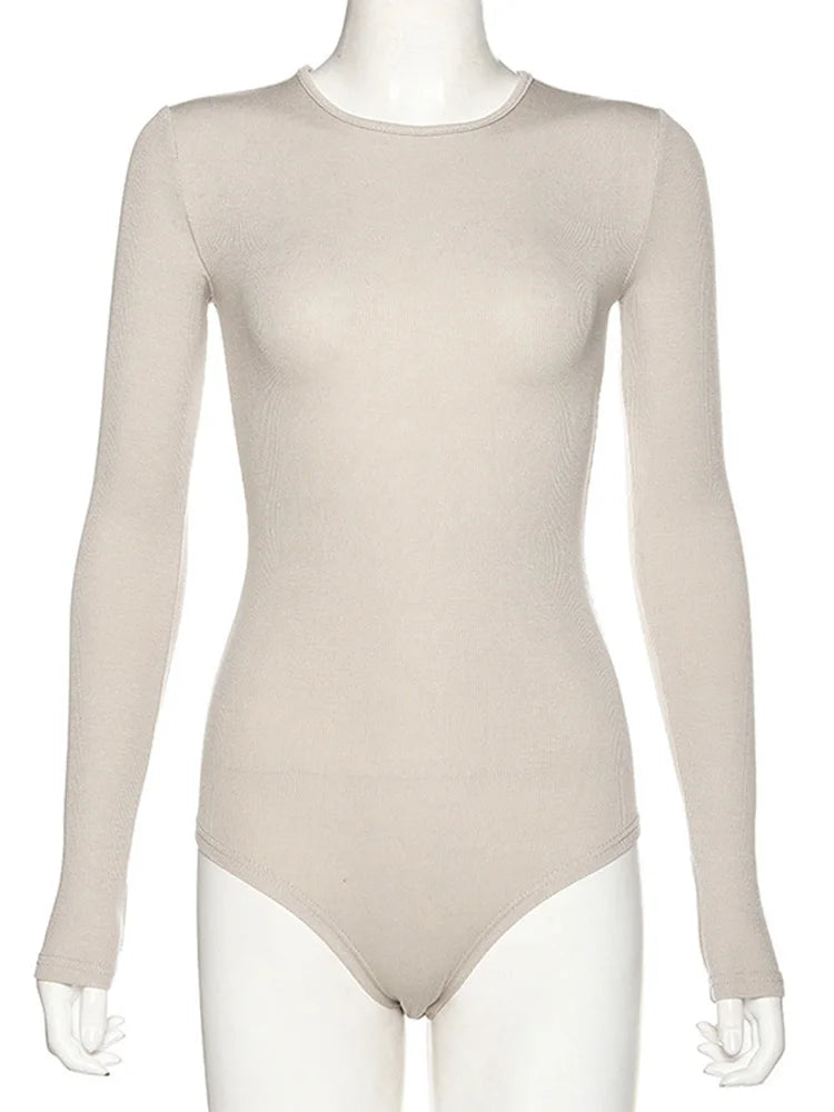 Slim O Neck Long Sleeve Bodysuit For Women Black Beige