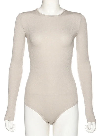 Slim O Neck Long Sleeve Bodysuit For Women Black Beige
