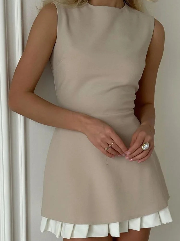Office Patchwork Pleated Mini Dress For Women Sleeveless