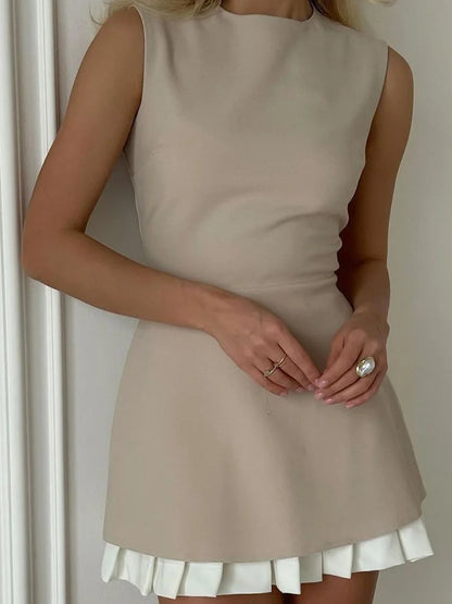 Office Patchwork Pleated Mini Dress For Women Sleeveless