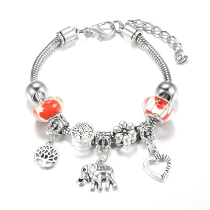 Elegant Heart Lock Charm Beaded Bangle Adjustable Snake Chain Bracelet for Women