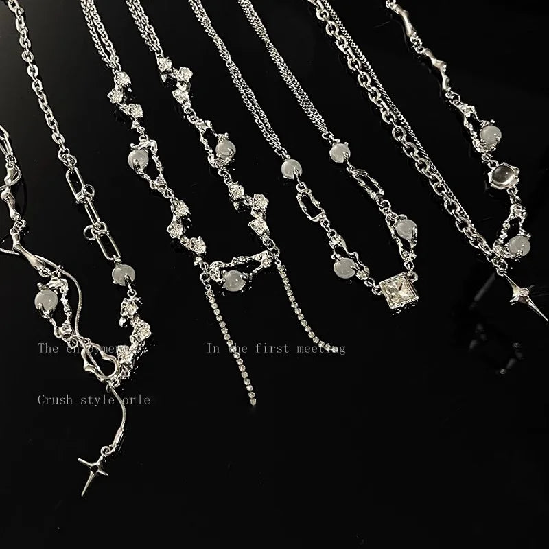 Y2K Moonstone Necklace with Star Tassels Pendant Zircon Chain for Women Girls Trendy Party Jewelry Gift