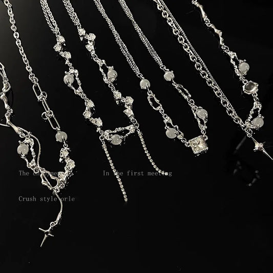 Y2K Moonstone Necklace with Star Tassels Pendant Zircon Chain for Women Girls Trendy Party Jewelry Gift