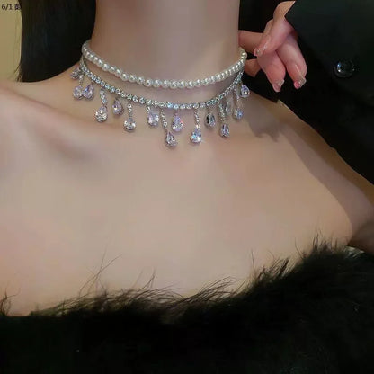Crystal Water Drop Pendant Necklace for Women with Pearl Collarbone Chain