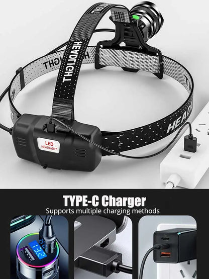 1000000LM 800W LED Powerful Headlamp USB Rechargeable Head Flashlight XHP360