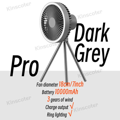 Rechargeable Portable Camping Fan with 10000mAh Power Bank and LED Light Pro Dark Grey