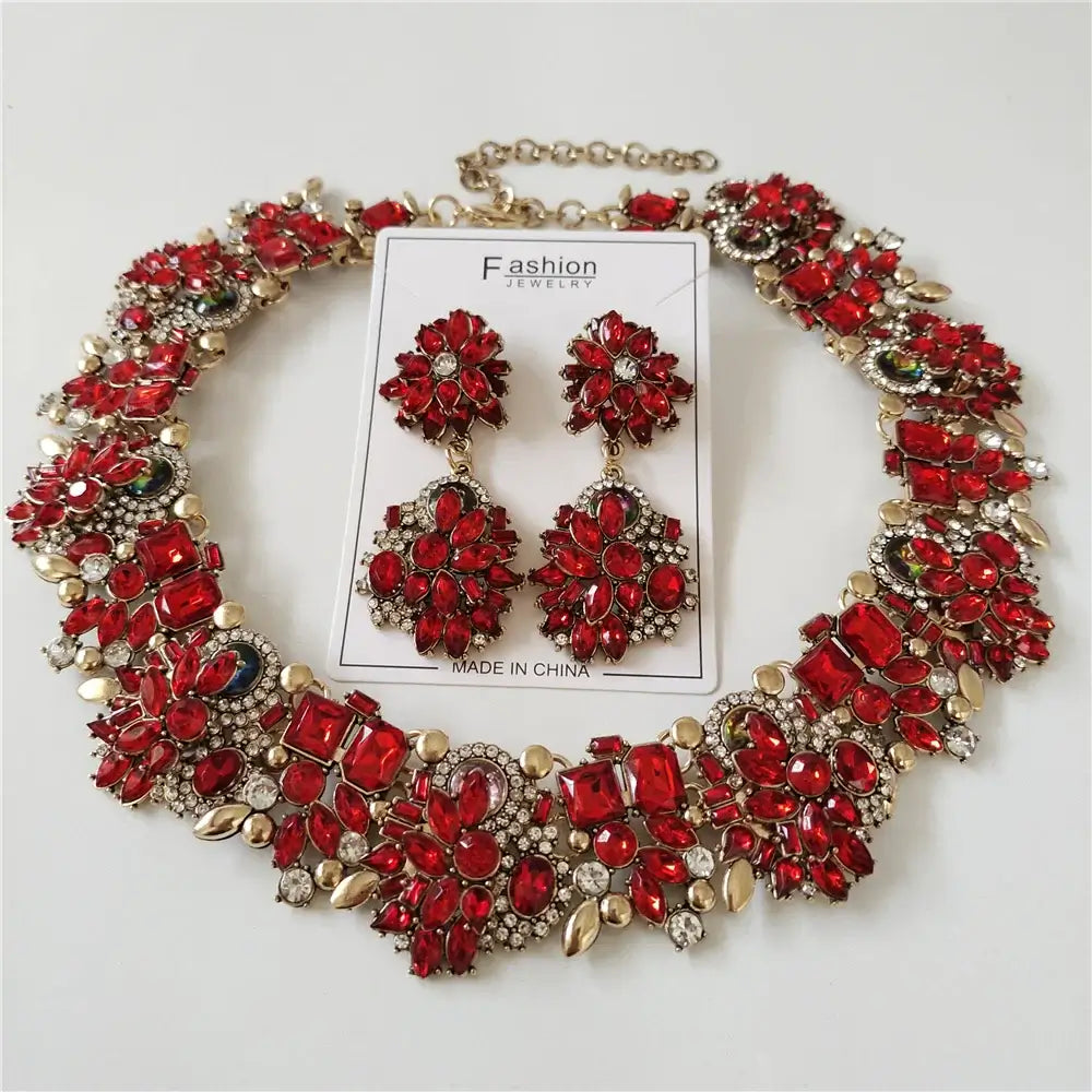 Indian Ethnic Crystal Rhinestone Necklace Earrings Set for Bridal 2024 Red Sets