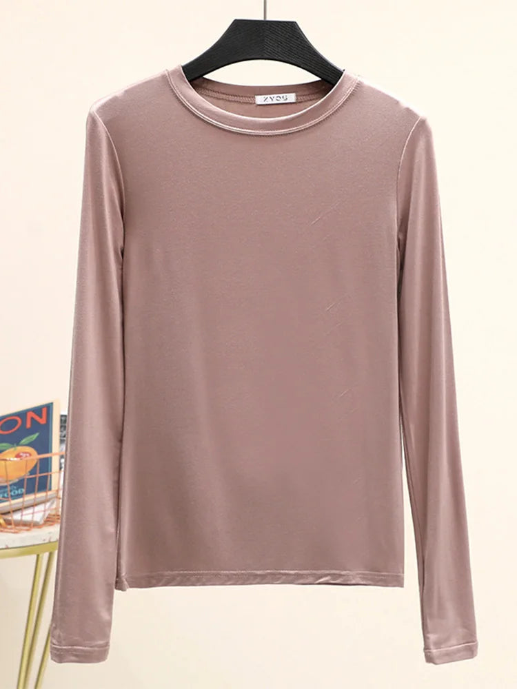 Modal Cotton Long Sleeve O Neck Womens Autumn Basic Tee