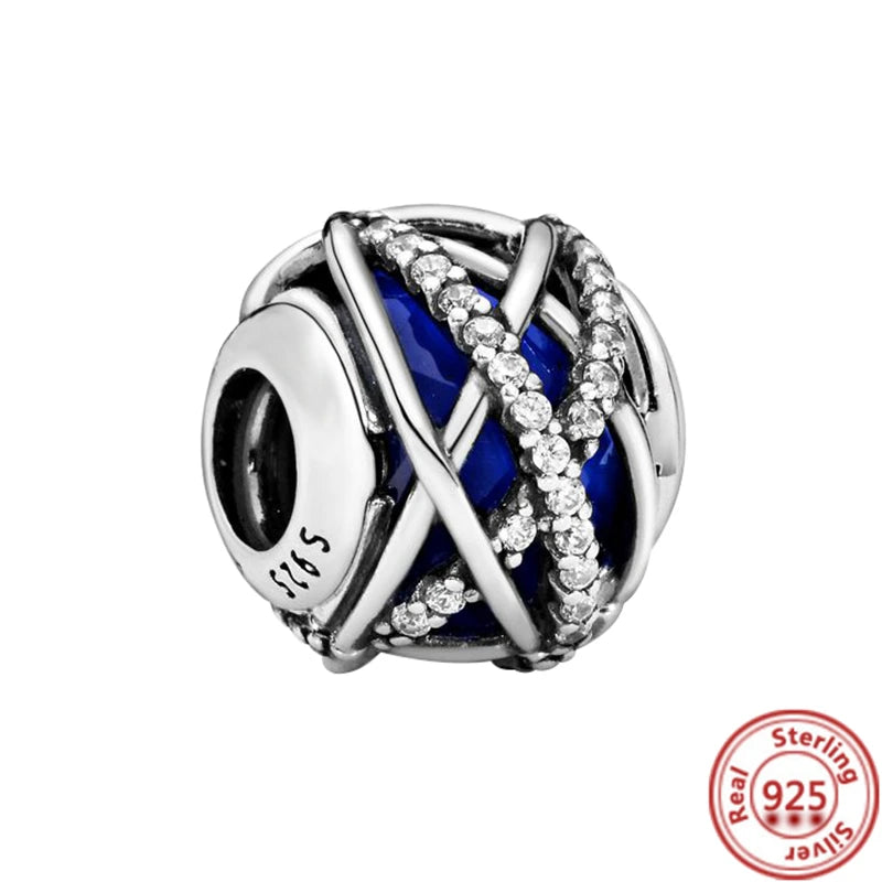 925 Sterling Silver Blue Zircon Feather Crown Stars Moon Charm Beads for Bracelet H244 3mm-4mm
