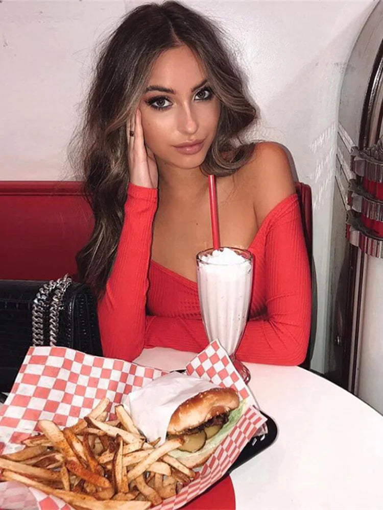 Women Off Shoulder Long Sleeve Slim Clubwear Tee Autumn