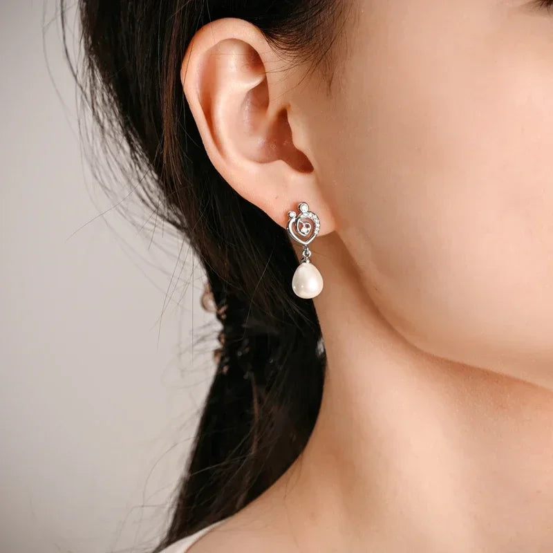Luxury 925 Silver Pink Heart Pearl Butterfly Zircon Drop Earrings for Elegant Women