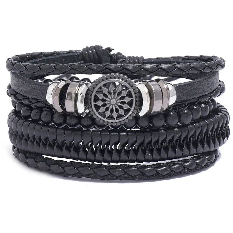 ZORCVENS Men's Handmade Braided Leather Bracelet Set - Vintage Black Punk Fashion Gift