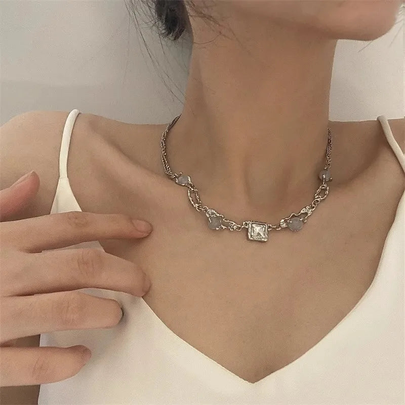 Y2K Moonstone Necklace with Star Tassels Pendant Zircon Chain for Women Girls Trendy Party Jewelry Gift