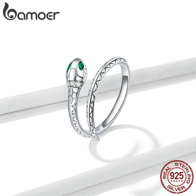 Bamoer Vintage Sterling Silver Snake Ring Adjustable Open Design for Women