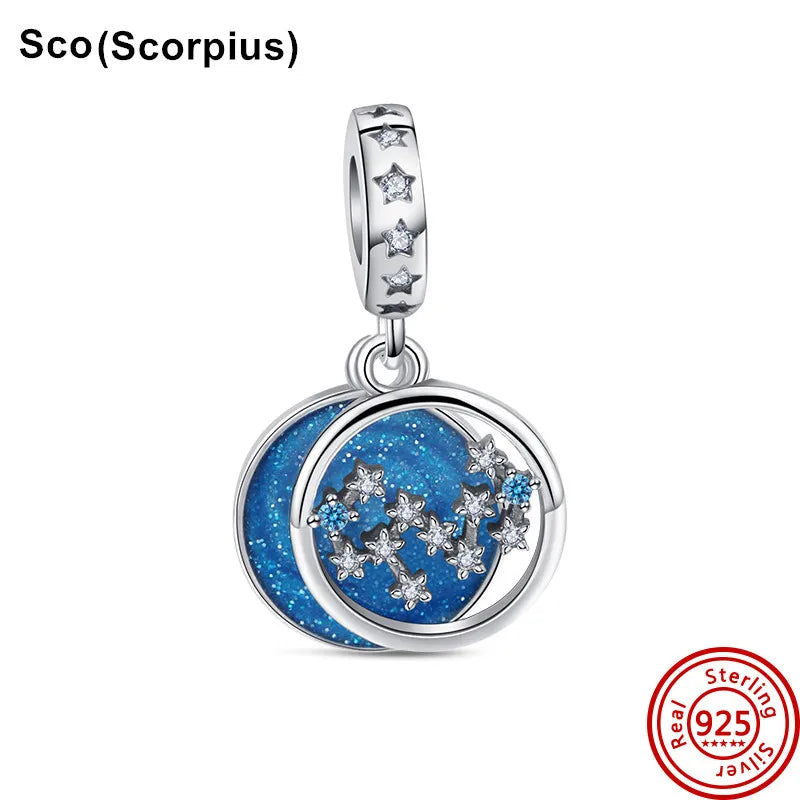 925 Sterling Silver Zodiac Pendant with Colorful Zircon for Charm Bracelets N455 3mm-4mm