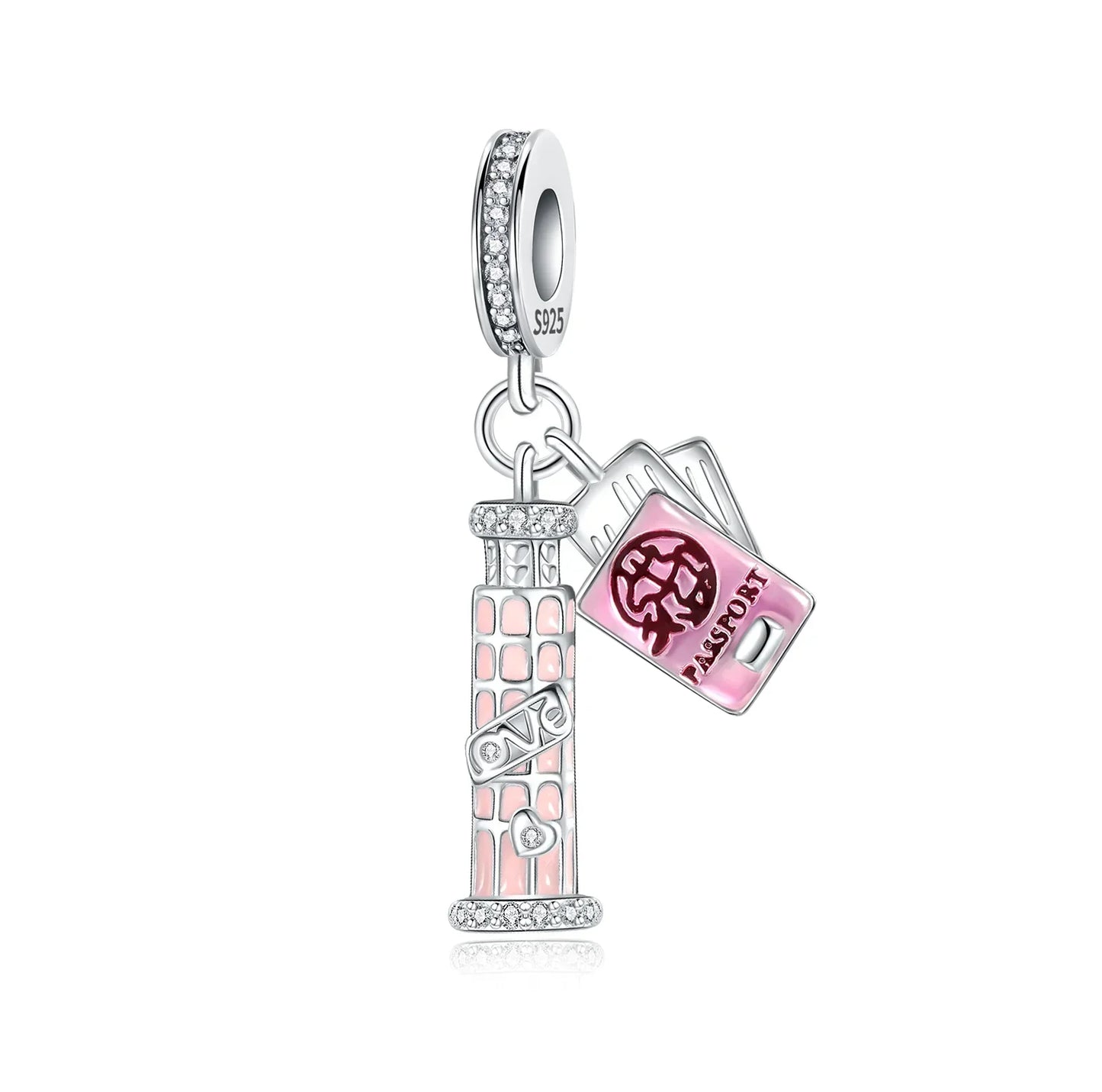 Sterling Silver Pink Blossom Dangle Charm with Butterfly Heart Flower Rose and Bird Bead for DIY Necklace and Bracelet Jewelry