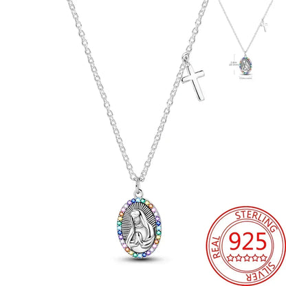 925 Sterling Silver Virgin Mary Angel Cross Pendant Necklace Charm for DIY Jewelry Gifts