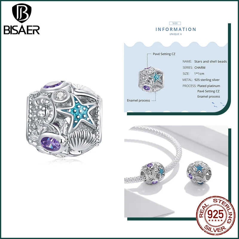 BISAER Ocean Charm 925 Sterling Silver Dolphin and Mermaid Bead with Blue CZ for DIY Jewelry ECC1805 CHINA
