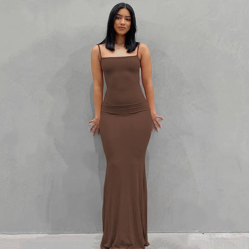 2024 Summer Dresses For Women Sexy Black Spaghetti Strap Maxi Brown-Sleeveless