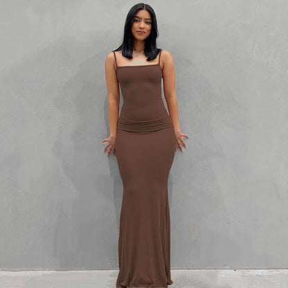 2024 Summer Dresses For Women Sexy Black Spaghetti Strap Maxi Brown-Sleeveless