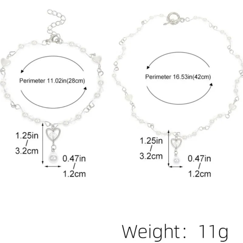 Elegant Simulated Pearl Heart Charm Necklace and Bracelet Jewelry Set for Women
