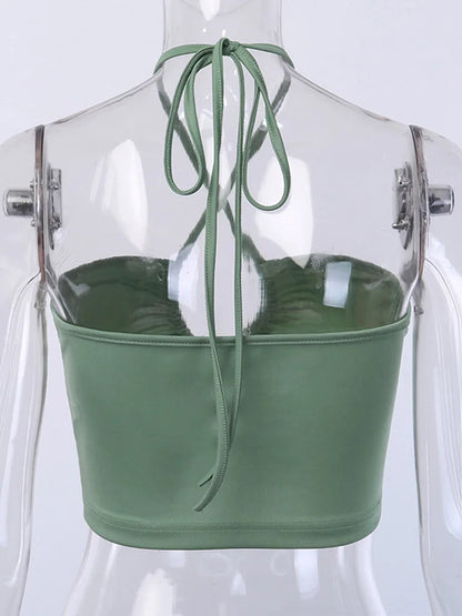 Sexy Lace Up Bow Halter Ruched Crop Top Backless Tube Top