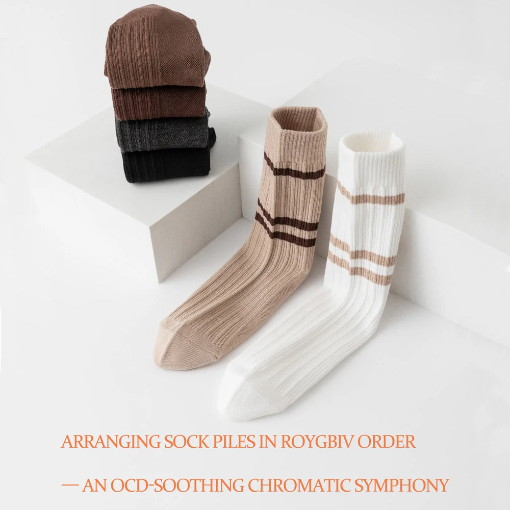 3 Pairs Soft Combed Cotton Crew Socks Women Stripes