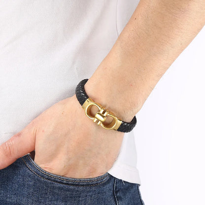 Men's Leather Punk Rock Bracelet with Stainless Steel Fashion Buckle